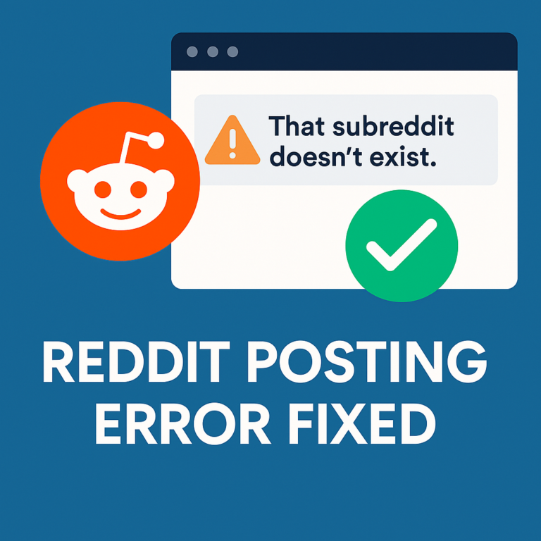 Flat design graphic showing Reddit error message and a successful post fix, representing a solved subreddit posting issue for content creators.